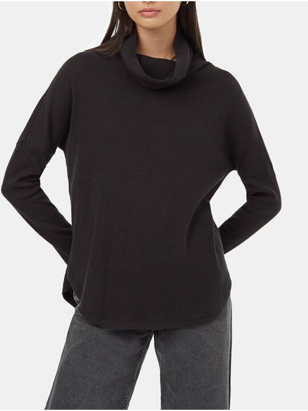 S • 10tree • Black Waffle Knit Turtleneck Long Sleeve Top